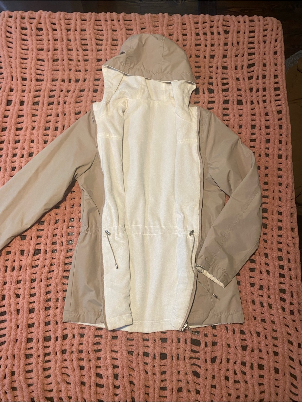 Women's Beige Hooded Reversible Waterproof Trench Coat with Cream Fleece Lining